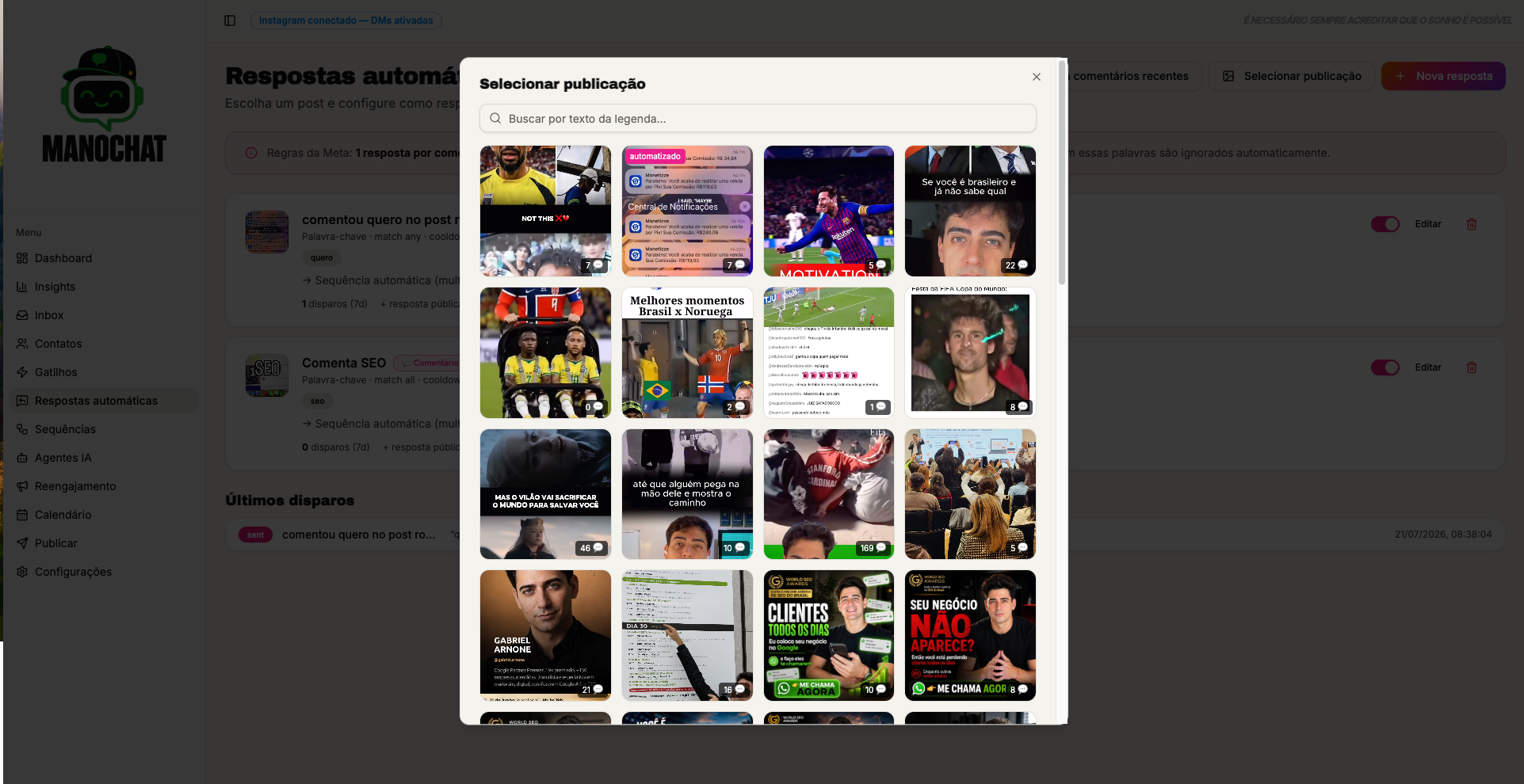 Seletor de publicação com grade de posts