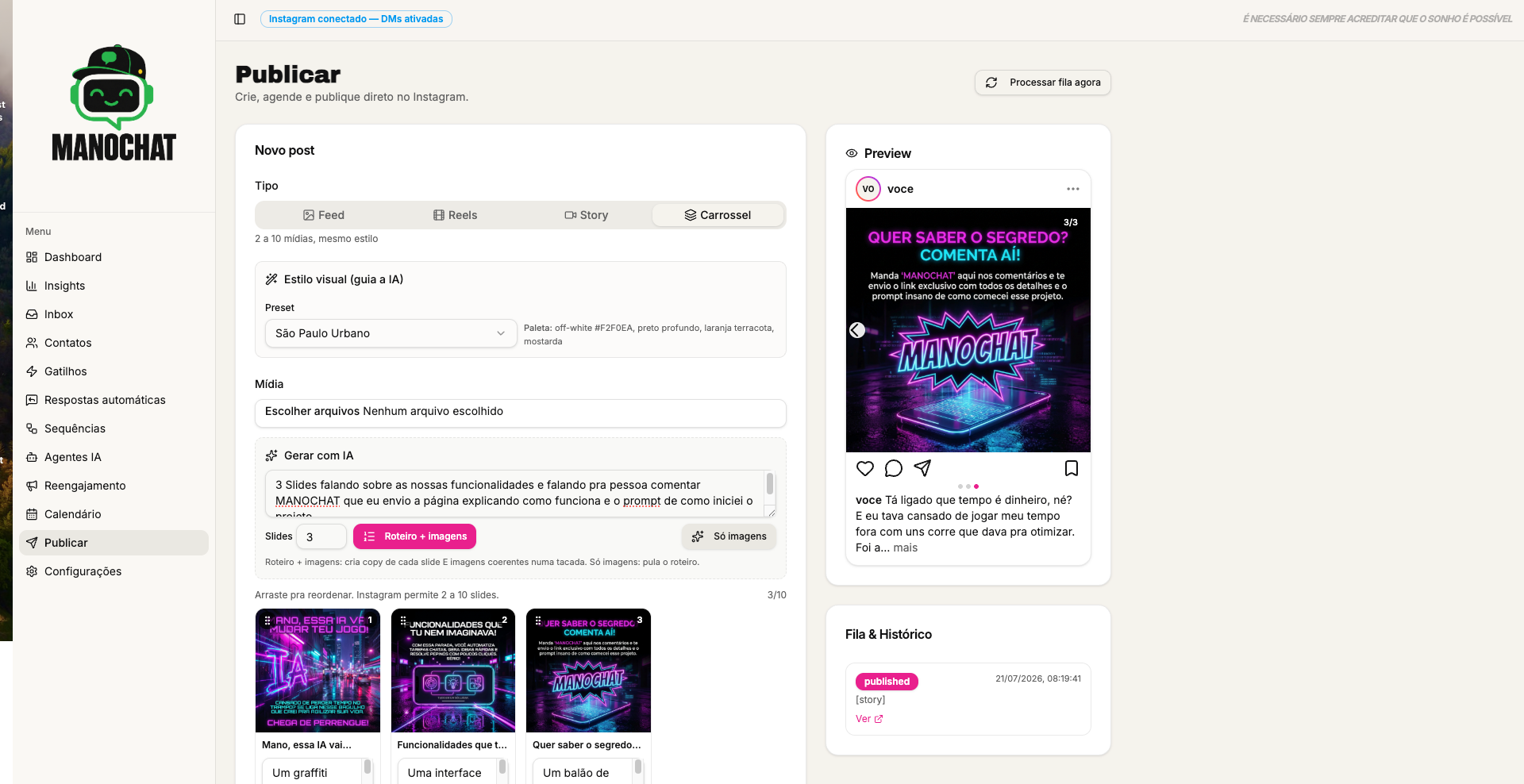 Editor de carrossel com preview do Instagram